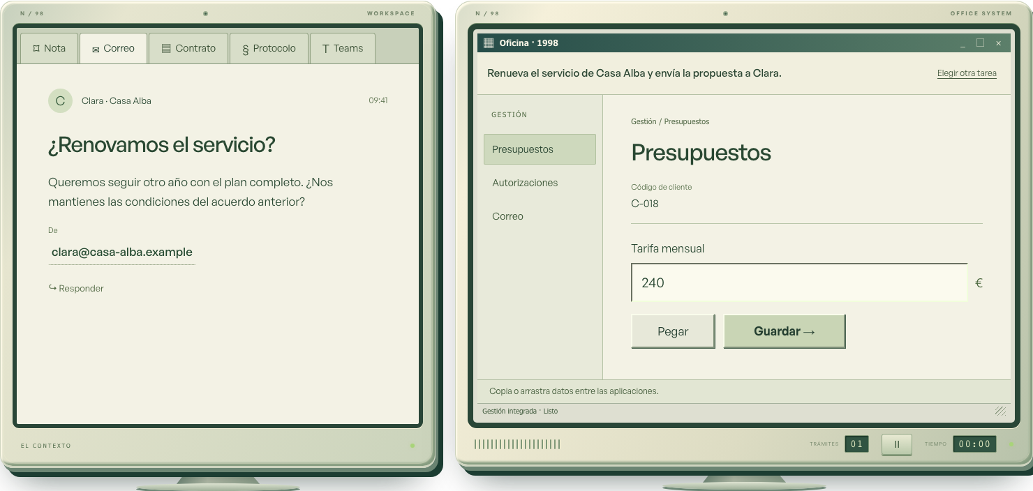 Dos monitores para jugar cuatro tareas entre documentos y un ERP